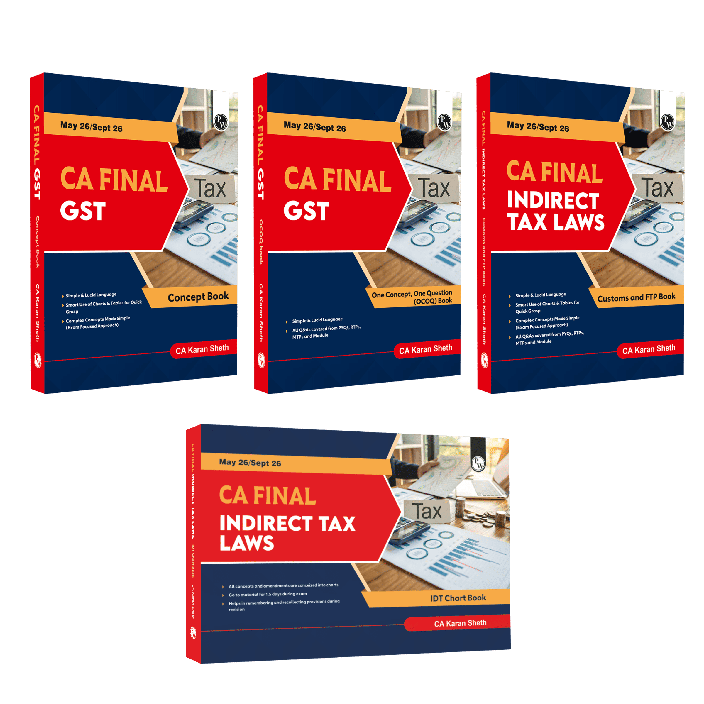 PW CA Final Indirect Tax Laws Combo Set of 4 Books- Goods and Services Tax Concept Book, Custom-Concept Book, IDT Chart Book, One concept, One Question (OCOQ) Q & A Book By CA Karan Sheth
