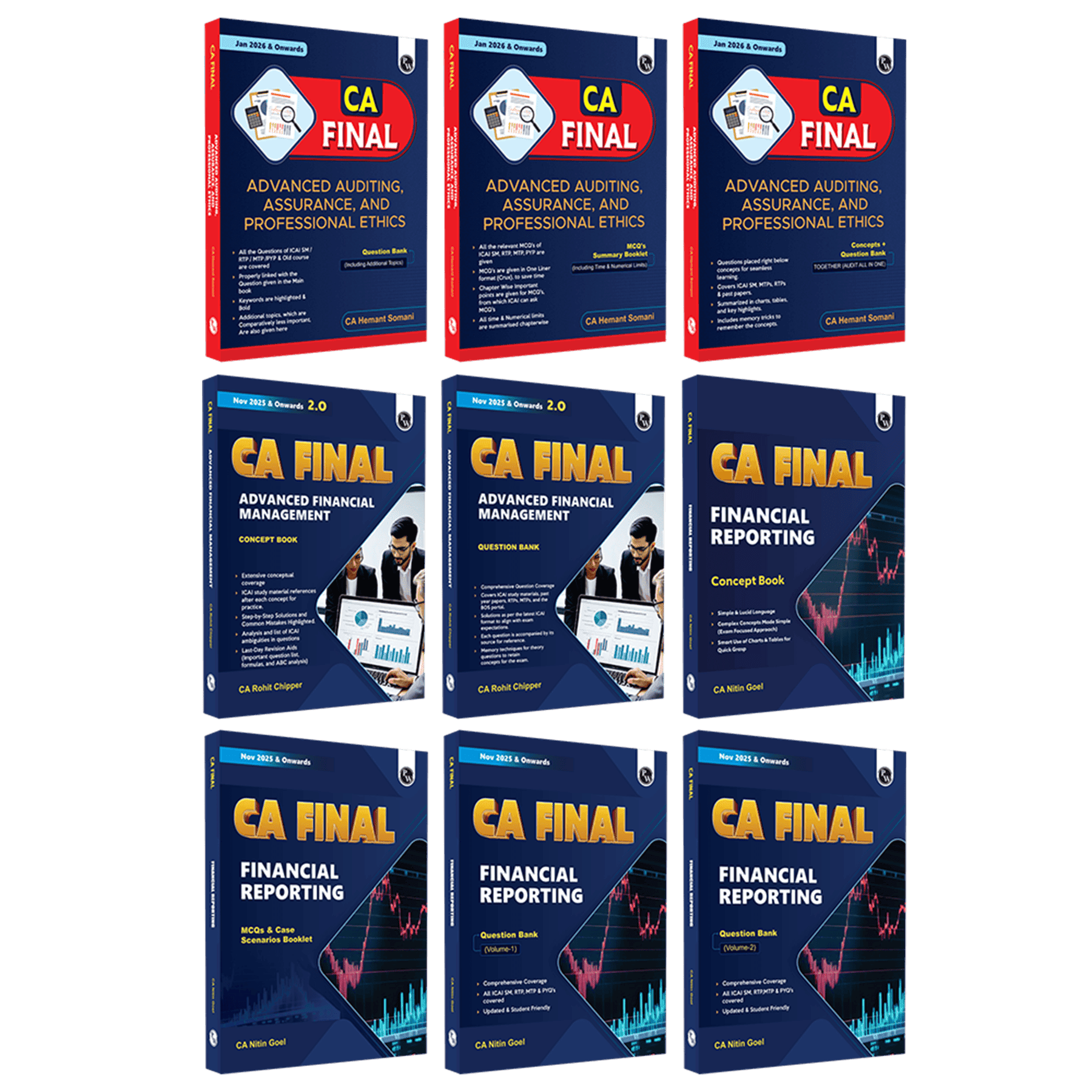 PW CA Final Group 1 Combo of 9 Books-Financial Reporting By CA Nitin Goel, Advanced Auditing, Assurance & Professional Ethics By Hemant Somani, Advanced Financial Management By CA Rohit Chipper