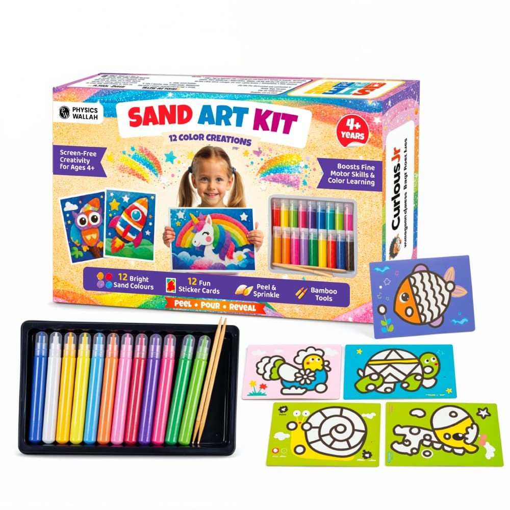 PW DIY Sand Art Activity Kit for Kids, Animal Themed Kit with 12 Fun Sand Colours, 12 Stickers Cards & 2 Bamboo Tools, Mess Free Art & Craft Kit for 4-8 Years Kids, Best Birthday/Return Gift
