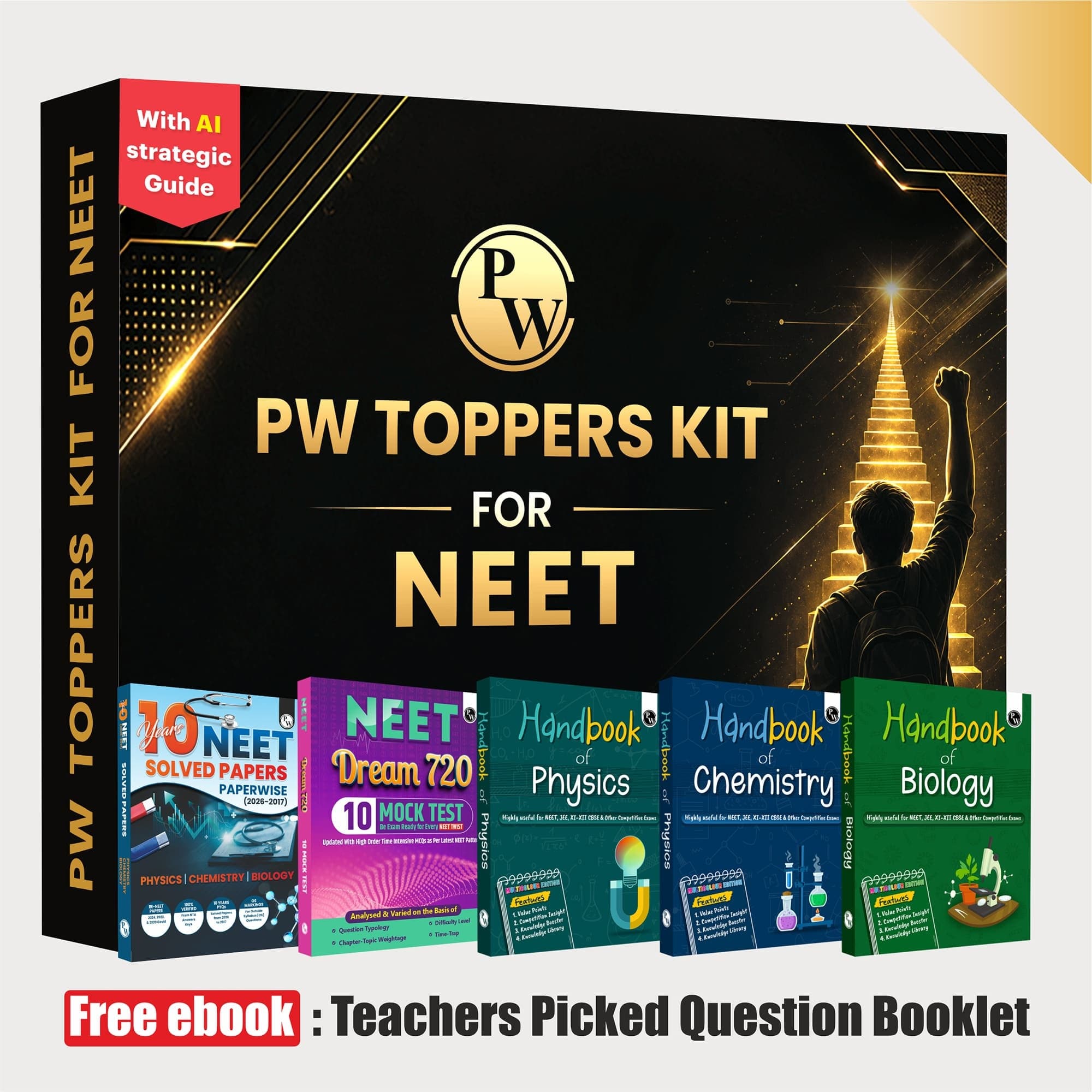 PW Toppers Kit for NEET Set of 5 Books with 4 Motivational Posters | Physics, Chemistry, Biology Handbook, NEET Past 10 Year Papers and NEET Dream 720 Mock Tests