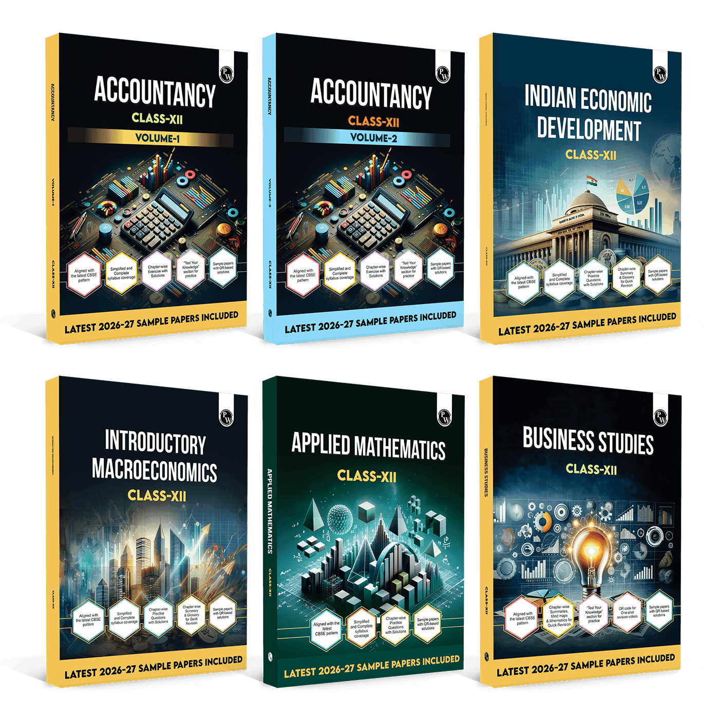 PW CBSE Class 12 Accountancy Volume 1 & 2, Business Studies, Applied Mathematics, Introductory Macroeconomics, Indian Economic Development Combo Set of 6 Books For 2026-27 Exams