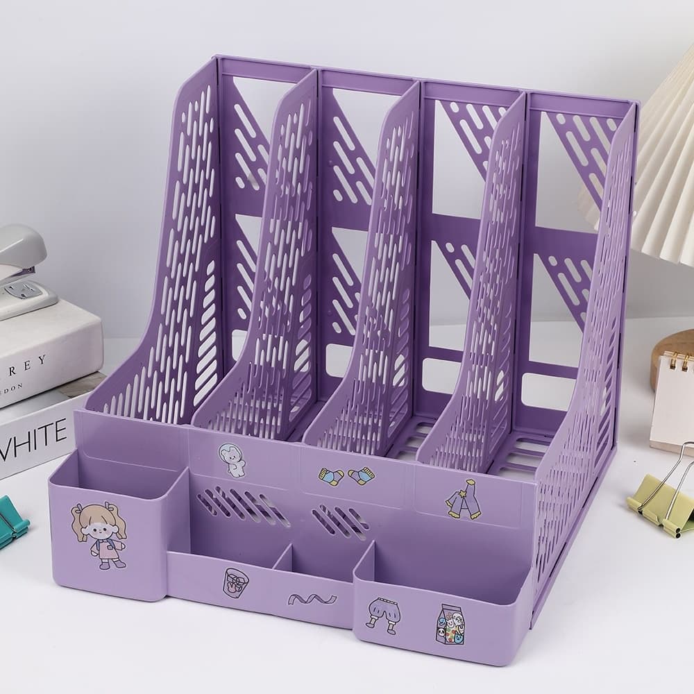 Study Desk Organizer for Students | 4 Compartment Magazine & Book Holder | Vertical File & Notebook Organizer for Study Table (Purple)