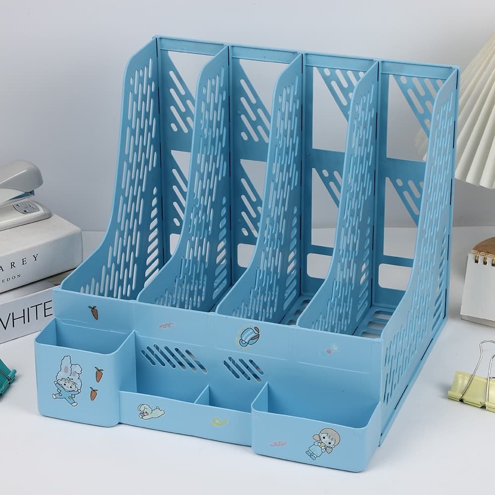 Study Desk Organizer for Students | 4 Compartment Magazine & Book Holder | Vertical File & Notebook Organizer for Study Table (Light Blue)