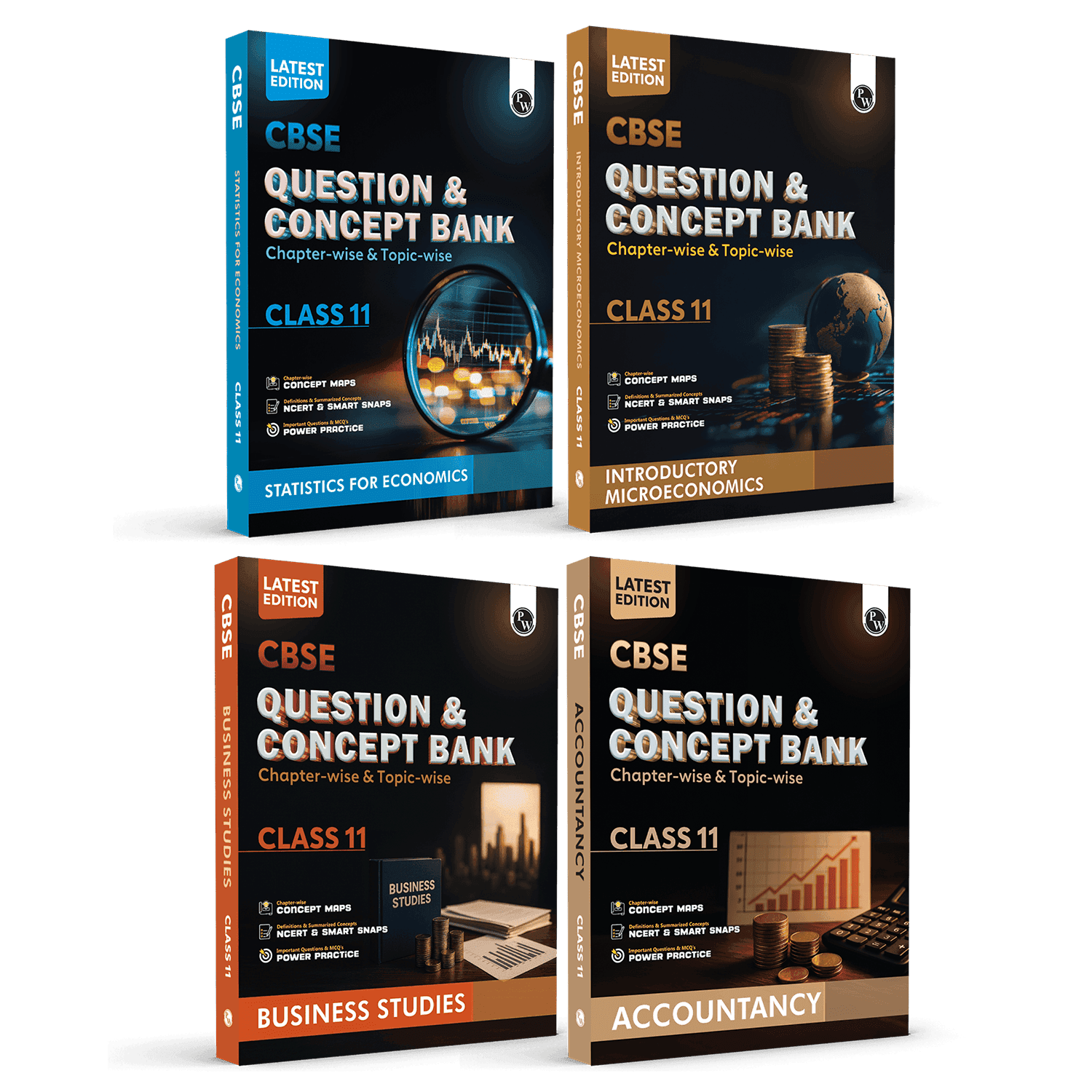 PW CBSE Question & Concept Bank (QCB) Class 11 Accountancy, Business Studies, Microeconomics & Statistics (Economics) Combo Set of 4 Books Chapter-wise and Topic-wise Solved Questions 