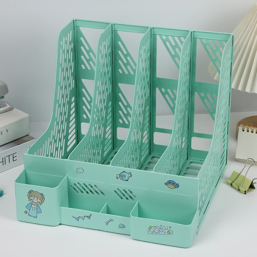 Study Desk Organizer for Students | 4 Compartment Magazine & Book Holder | Vertical File & Notebook Organizer for Study Table (Green)