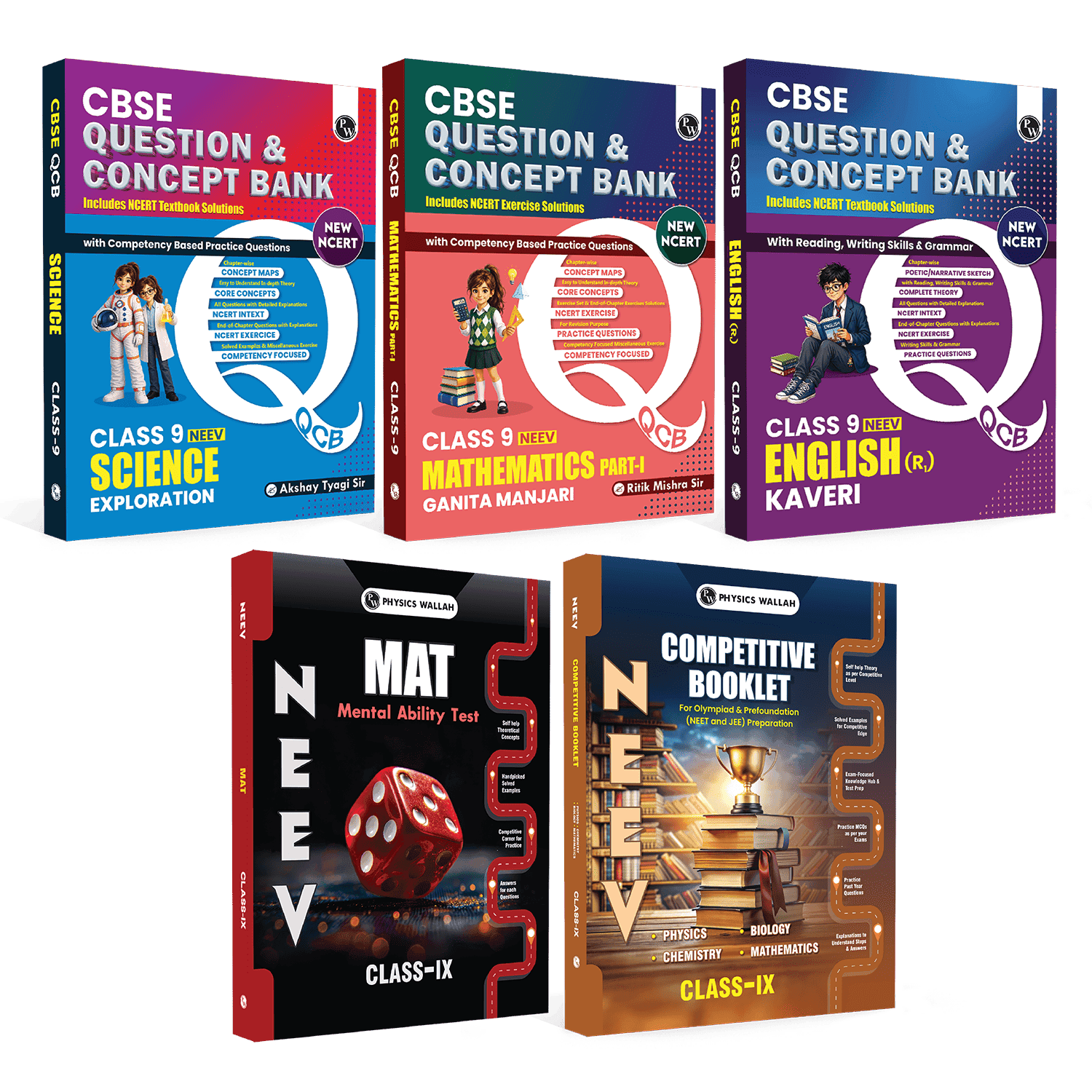 NEEV CBSE Class 9 New NCERT 2026-27 Science (Exploration), Maths Part 1 (Ganita Manjari) and English R1 (Kaveri), MAT, Competitive Booklet Combo Set of 5 Books
