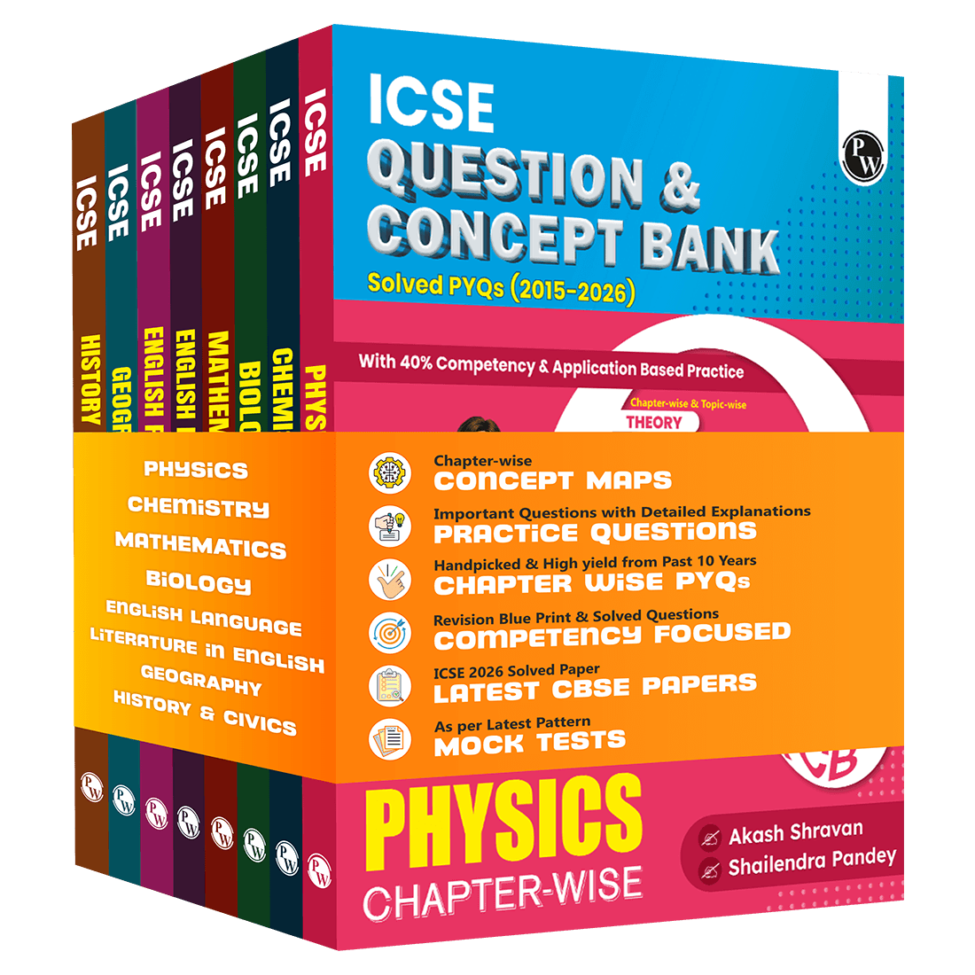PW ICSE Class 10 Question & Concept Bank 2027 Physics, Chemistry, Maths, Biology, English Paper 1 (Language), English Paper 2 (Literature), Geography, History and Civics Combo Set of 8 Books