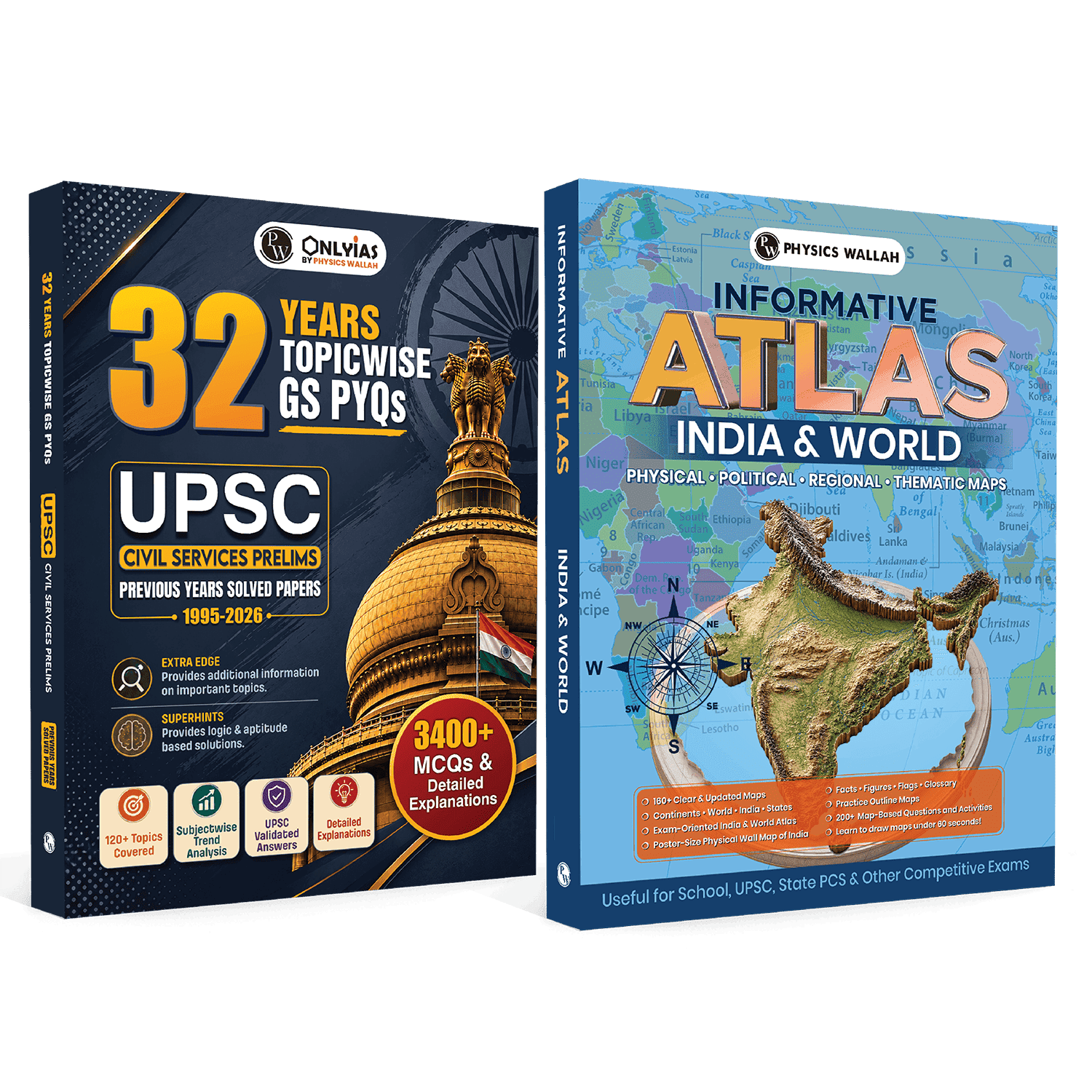 PWOnlyIAS UPSC Prelims PYQ Book & Informative Atlas - India & World Combo Set of 2 |32 Years Topicwise UPSC GS PYQs with 3400+ MCQs | Physical, Political, Regional, Thematic Maps 