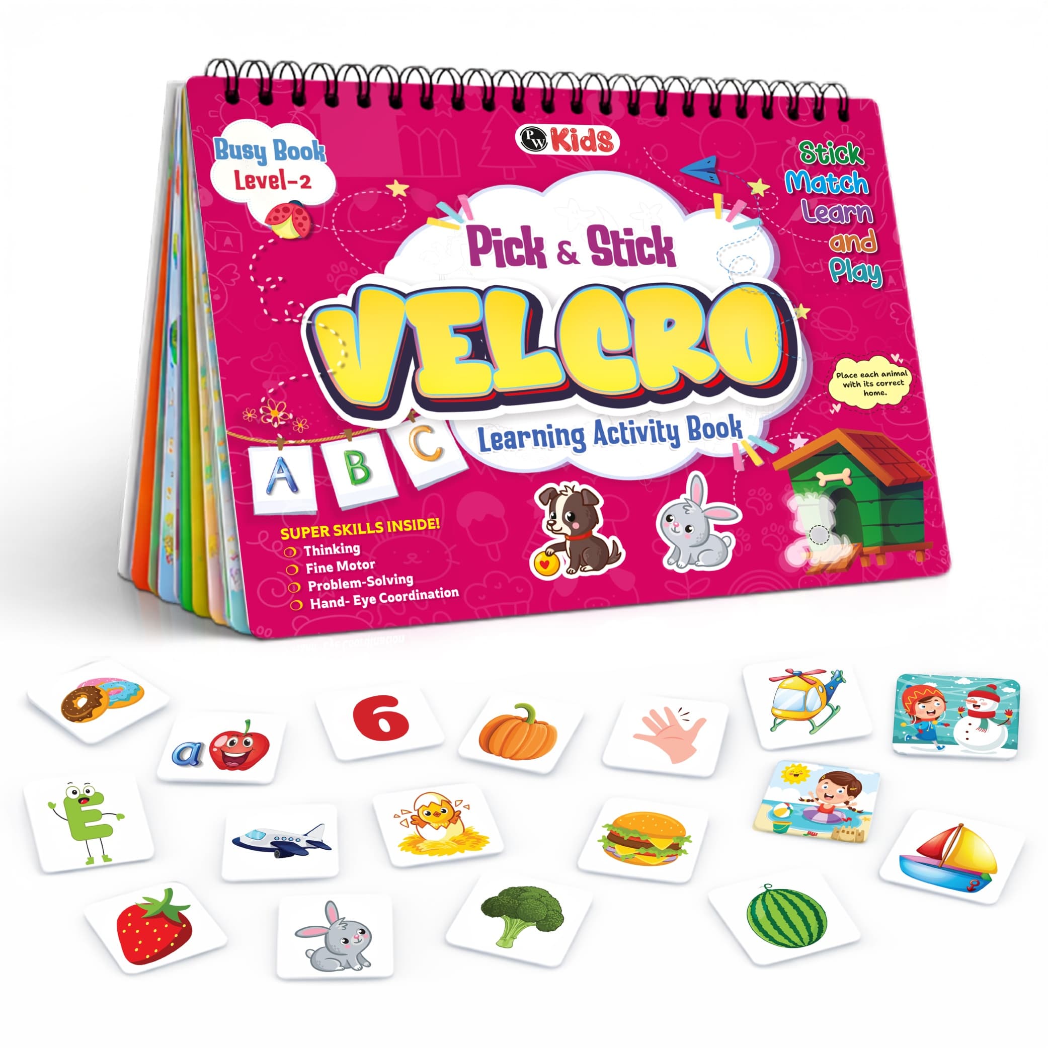 Pick & Stick Velcro Learning Activity Book For Kids | Busy Book Level 2 For 3+ Years Old Kids | Montessori DIYs, Skill Builder, Numbers, Alphabets, Animals, 5 Senses, Travel Vehicles, Kids Gifts