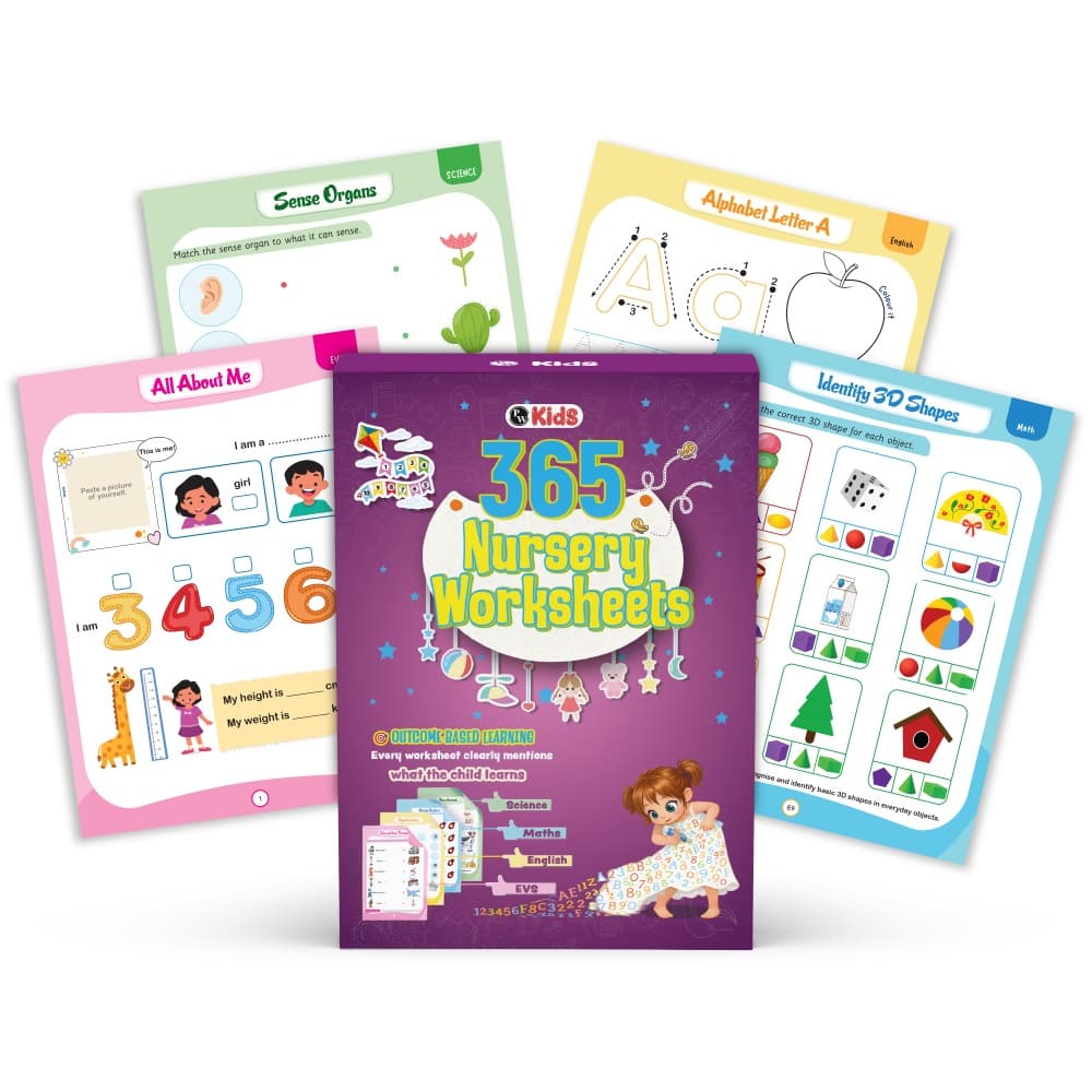 365 Nursery Worksheets for Kids (Set of 4 Books) | Science, Maths, English, EVS | Early Learning Montessori Activity Skill Worksheets, Tracing Practice, Capital & Small A-Z, Numbers, Plants, Animals
