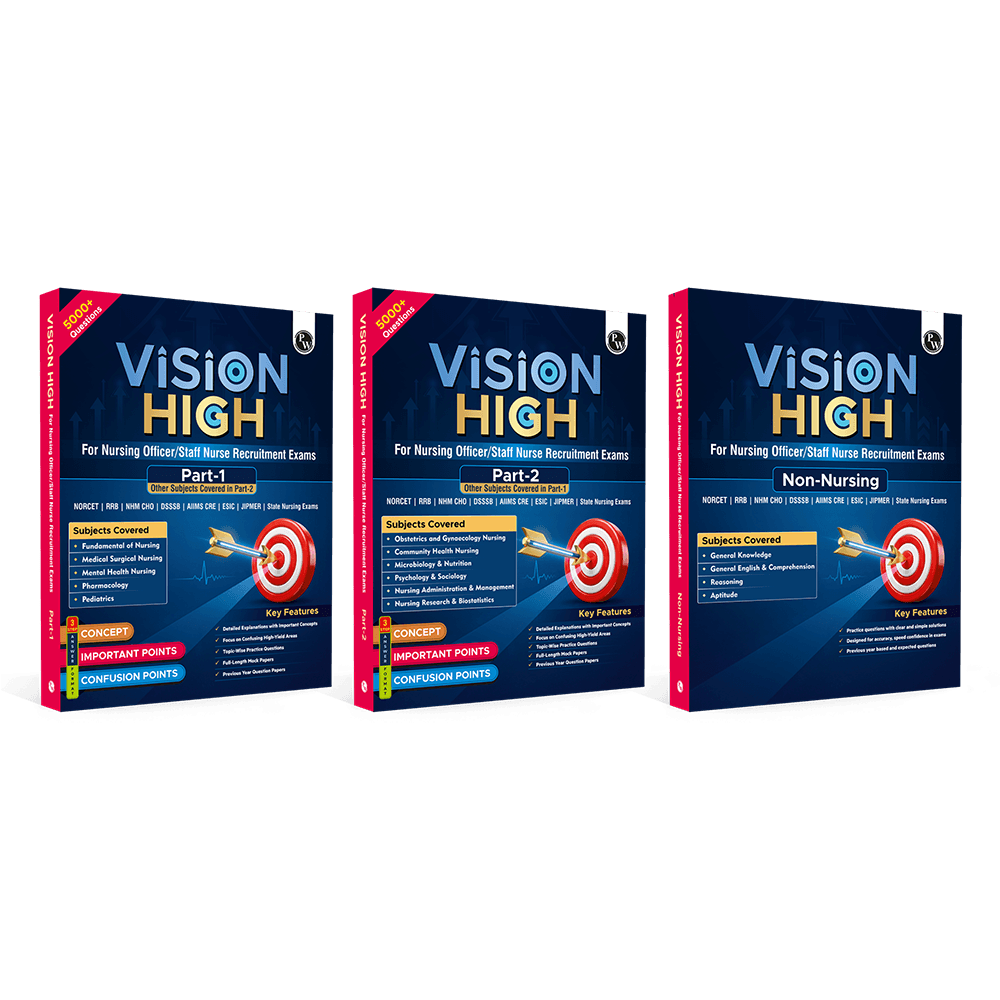 PW Nursing Books Vision High Combo Set of 3 Books | 5000+ Questions with PYQs, Detailed Explanations | For NORCET, RRB, NHM CHO, DSSSB, AIIMS CRE, ESIC, JIPMER Exams