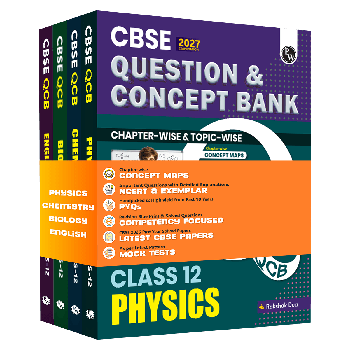 PW CBSE Question & Concept Bank (QCB) Class 12 Physics, Chemistry, Biology and English Combo Set of 4 Books Chapterwise & Topicwise Solved Questions For 2027 Exams